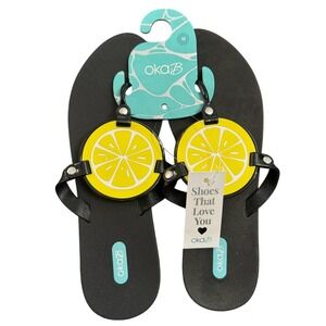 NWT oka b Black Lemon Slice Thong Flip Flop Sandals Womens Size 10